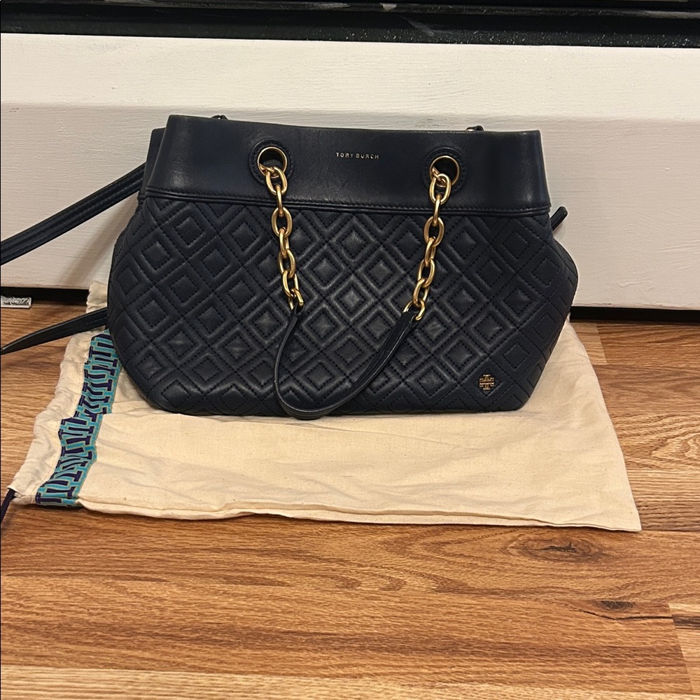 Tory Burch Navy Blue Quilted Leather Shoulder Bag with Gold Chain
